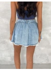 Kot Jeans Kesimetrik Kesim Cepli Şortlu Etek - Mavi