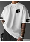 LB Baskılı Ön Arka Oversize Bisiklet Yaka Kısa Kol T-shirt - Beyaz