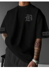 LB Ön Arka Baskılı Oversize Bisiklet Yaka Yazlık T-shirt - Siyah