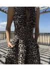 Leopar Desenli Fermuarlı Cepli Pileli Kadın Midi Elbise- Leopar