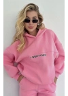 Nakış İşlemeli Üç İplik Sweat Takım- Pembe
