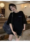 Newtro Baskılı Oversize Bisiklet Yaka T-shirt - Siyah