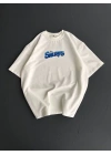 Ön ve Arka Baskılı Oversize Bisiklet Yaka T-shirt- Beyaz