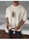 Ön ve Arka Baskılı Oversize Bisiklet Yaka T-shirt - Beyaz