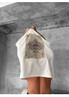Ön ve Arka Baskılı Oversize Bisiklet Yaka T-shirt - Beyaz