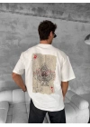 Ön ve Arka Baskılı Oversize Bisiklet Yaka T-shirt - Beyaz