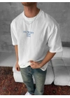 Ön ve Arka Baskılı Oversize Bisiklet Yaka T-shirt- Beyaz