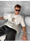 Ön ve Arka Baskılı Oversize Bisiklet Yaka T-shirt - Beyaz