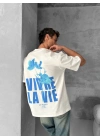 Ön ve Arka Baskılı Oversize Bisiklet Yaka T-shirt- Beyaz