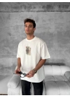 Ön ve Arka Baskılı Oversize Bisiklet Yaka T-shirt - Beyaz