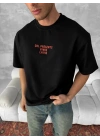 Ön ve Arka Baskılı Oversize Bisiklet Yaka T-shirt- Siyah