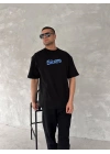 Ön ve Arka Baskılı Oversize Bisiklet Yaka T-shirt- Siyah