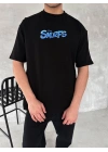 Ön ve Arka Baskılı Oversize Bisiklet Yaka T-shirt- Siyah