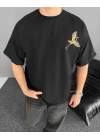 Ön ve Arka Baskılı Oversize Bisiklet Yaka T-shirt - Siyah