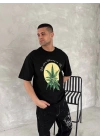 Ön ve Arka Baskılı Oversize Bisiklet Yaka T-shirt- Siyah