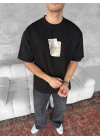 Ön ve Arka Baskılı Oversize Bisiklet Yaka T-shirt - Siyah
