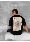 Ön ve Arka Baskılı Oversize Bisiklet Yaka T-shirt - Siyah