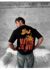 Ön ve Arka Baskılı Oversize Bisiklet Yaka T-shirt- Siyah