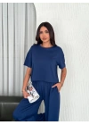 Osy Modal Yumuşak Dokulu Kumaş Bisiklet Yaka T-shirt Bol paça Pantalon ikili Takım -Saks Mavi