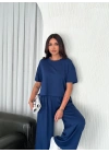 Osy Modal Yumuşak Dokulu Kumaş Bisiklet Yaka T-shirt Bol paça Pantalon ikili Takım -Saks Mavi