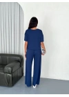 Osy Modal Yumuşak Dokulu Kumaş Bisiklet Yaka T-shirt Bol paça Pantalon ikili Takım -Saks Mavi