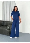 Osy Modal Yumuşak Dokulu Kumaş Bisiklet Yaka T-shirt Bol paça Pantalon ikili Takım -Saks Mavi