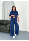Osy Modal Yumuşak Dokulu Kumaş Bisiklet Yaka T-shirt Bol paça Pantalon ikili Takım -Saks Mavi