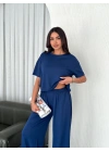 Osy Modal Yumuşak Dokulu Kumaş Bisiklet Yaka T-shirt Bol paça Pantalon ikili Takım -Saks Mavi