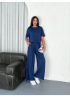 Osy Modal Yumuşak Dokulu Kumaş Bisiklet Yaka T-shirt Bol paça Pantalon ikili Takım -Saks Mavi