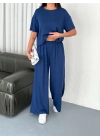 Osy Modal Yumuşak Dokulu Kumaş Bisiklet Yaka T-shirt Bol paça Pantalon ikili Takım -Saks Mavi