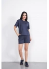 Osy Modal yumuşak dokulu Kumaş Kadın Bisiklet Yaka T-shirt Kısa Şort İkili Takım - Antrasit