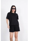 Osy Modal yumuşak dokulu Kumaş Kadın Bisiklet Yaka T-shirt Kısa Şort İkili Takım - Siyah