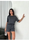 Osy Modal yumuşak dokulu Kumaş Kadın Parçalı Bisiklet Yaka T-shirt Kısa Şort İkili Takım - Antrasit