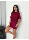 Osy Modal yumuşak dokulu Kumaş Kadın Parçalı Bisiklet Yaka T-shirt Kısa Şort İkili Takım - Bordo