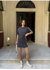 Osy Modal yumuşak dokulu Kumaş Kadın Parçalı Bisiklet Yaka T-shirt Mini Şortlu Etek İkili Takım - Füme