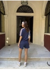Osy Modal yumuşak dokulu Kumaş Kadın Parçalı Bisiklet Yaka T-shirt Mini Şortlu Etek İkili Takım -Lacivert