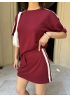 Osy Modal yumuşak dokulu Kumaş Kadın Parçalı Bisiklet Yaka T-shirt Mini Şortlu Etek İkili Takım -Bordo