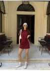 Osy Modal yumuşak dokulu Kumaş Kadın Parçalı Bisiklet Yaka T-shirt Mini Şortlu Etek İkili Takım -Bordo