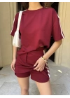 Osy Modal yumuşak dokulu Kumaş Kadın Parçalı Bisiklet Yaka T-shirt Mini Şortlu Etek İkili Takım -Bordo