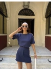Osy Modal yumuşak dokulu Kumaş Kadın Parçalı Bisiklet Yaka T-shirt Mini Şortlu Etek İkili Takım -Lacivert