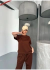 Osy Modal Yumuşak Dokulu Kumaş Kısa Kollu Bluz Rahat Pantalon ikili Takım- Kahverengi