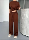 Osy Modal Yumuşak Dokulu Kumaş Kısa Kollu Bluz Rahat Pantalon ikili Takım- Kahverengi