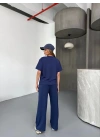 Osy Modal Yumuşak Dokulu Kumaş Kısa Kollu Bluz Rahat Pantalon ikili Takım- Lacivert