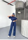 Osy Modal Yumuşak Dokulu Kumaş Kısa Kollu Bluz Rahat Pantalon ikili Takım- Lacivert