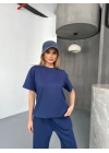 Osy Modal Yumuşak Dokulu Kumaş Kısa Kollu Bluz Rahat Pantalon ikili Takım- Lacivert