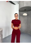 Osy Modal Yumuşak Dokulu Kumaş Kısa Kollu Crop Alt ispanyol Paça Pantalon ikili Takım - Bordo