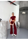 Osy Modal Yumuşak Dokulu Kumaş Kısa Kollu Crop Alt ispanyol Paça Pantalon ikili Takım - Bordo