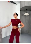 Osy Modal Yumuşak Dokulu Kumaş Kısa Kollu Crop Alt ispanyol Paça Pantalon ikili Takım - Bordo