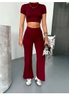 Osy Modal Yumuşak Dokulu Kumaş Kısa Kollu Crop Alt ispanyol Paça Pantalon ikili Takım - Bordo