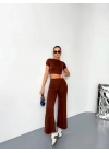 Osy Modal Yumuşak Dokulu Kumaş Kısa Kollu Crop Alt ispanyol Paça Pantalon ikili Takım - Kahverengi